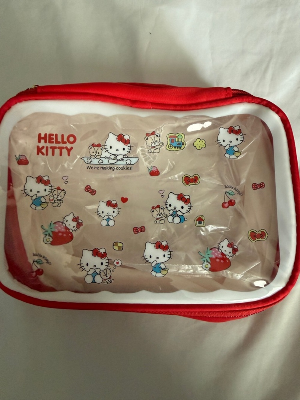 Hello Kitty Clear Cosmetic Pouch with Red Trim and Strawberry Accents